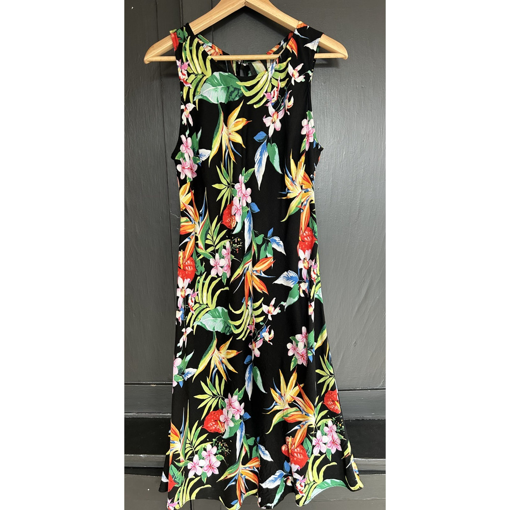 Vintage Made in Hawaii Tropical Floral Dress Black Rayon Aloha Midi XL - Picture 2 of 8